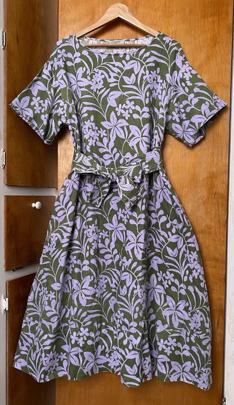 Voyageur by Mersea Celeste Linen Midi Dress Lagenlook Floral Art To Wear Size S